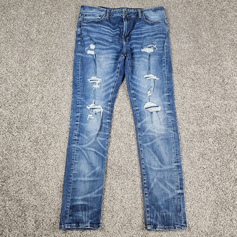 American Eagle Jeans Mens 36x32 Next Level Flex Distress Whiskering Marbling